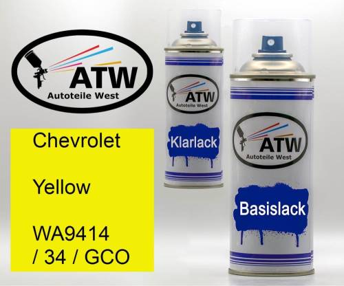 Chevrolet, Yellow, WA9414 / 34 / GCO: 400ml Sprühdose + 400ml Klarlack - Set, von ATW Autoteile West.
